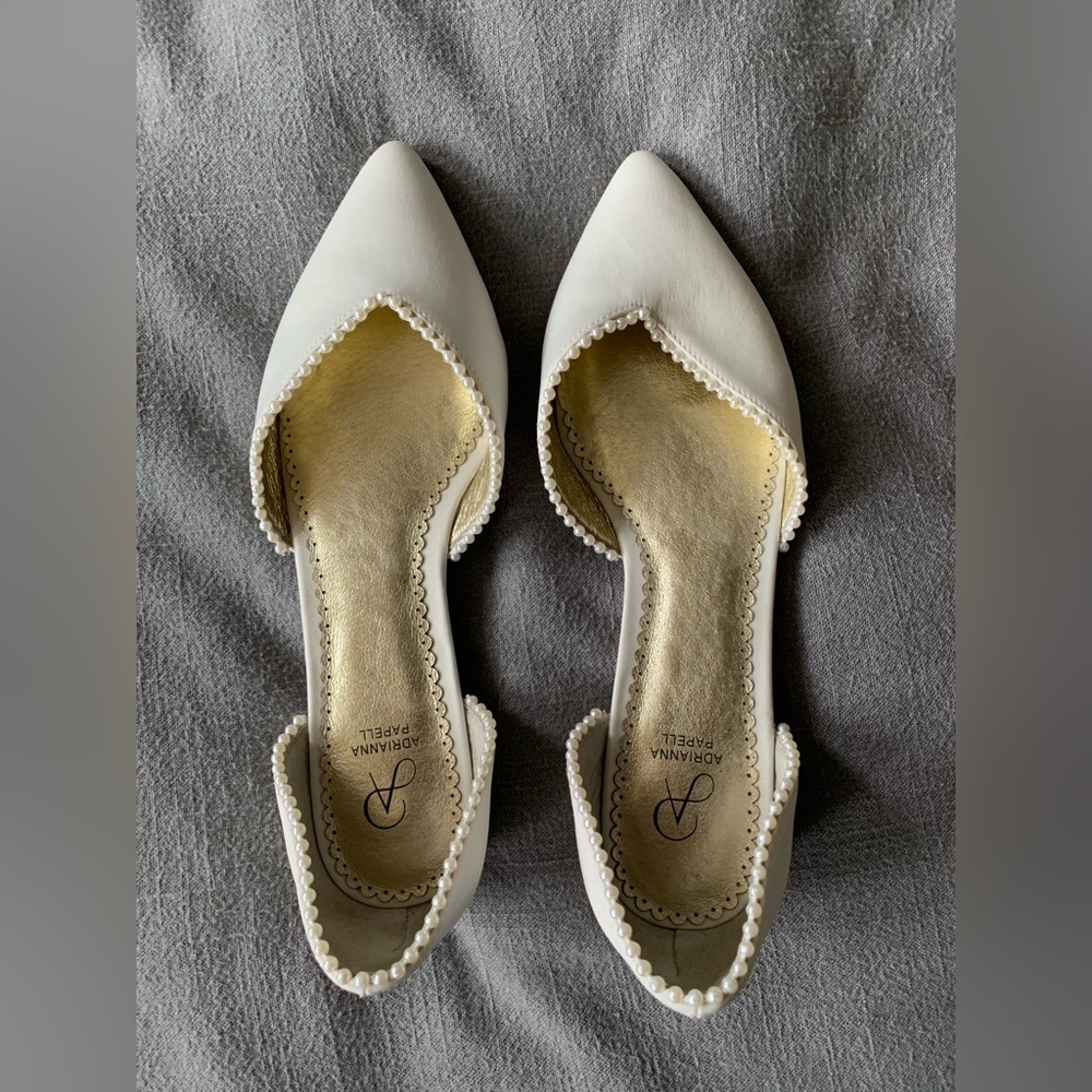 White Satin Pearl Trim Bridal Flats